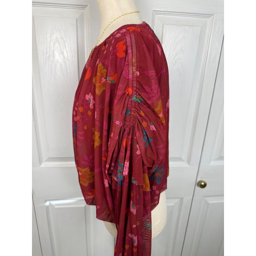 Free People Wildflower Honey Blouse Floral Mesh XS Burgundy Ruffle Sleeve Boho - Picture 6 of 9